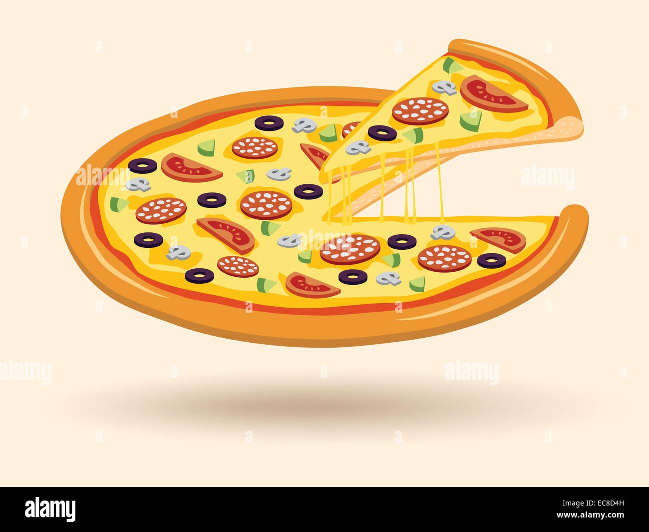 Délicieux chaud rond fromage viande savoureuse pizza aux champignons tomates olive coupe avec emblème coupe vector illustration Illustration de Vecteur