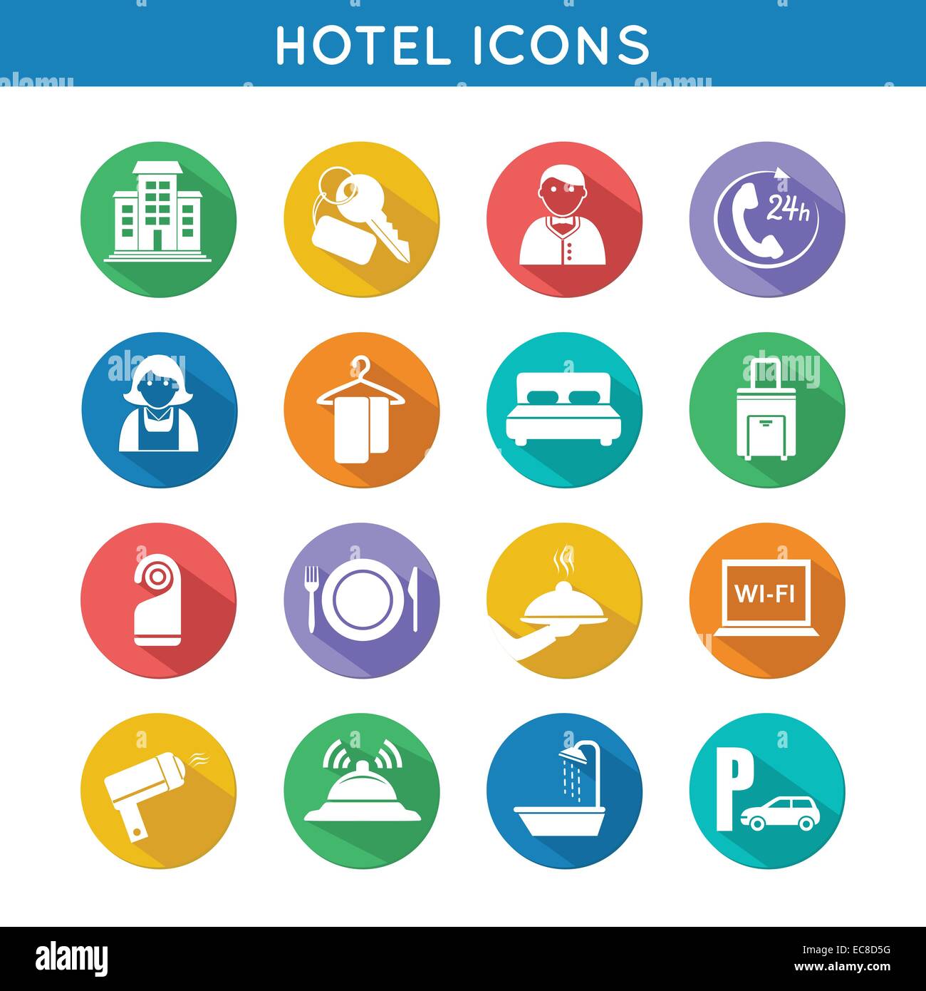 Hôtel travel accommodation color icons set de lit et serviette restaurant vector illustration isolé Illustration de Vecteur