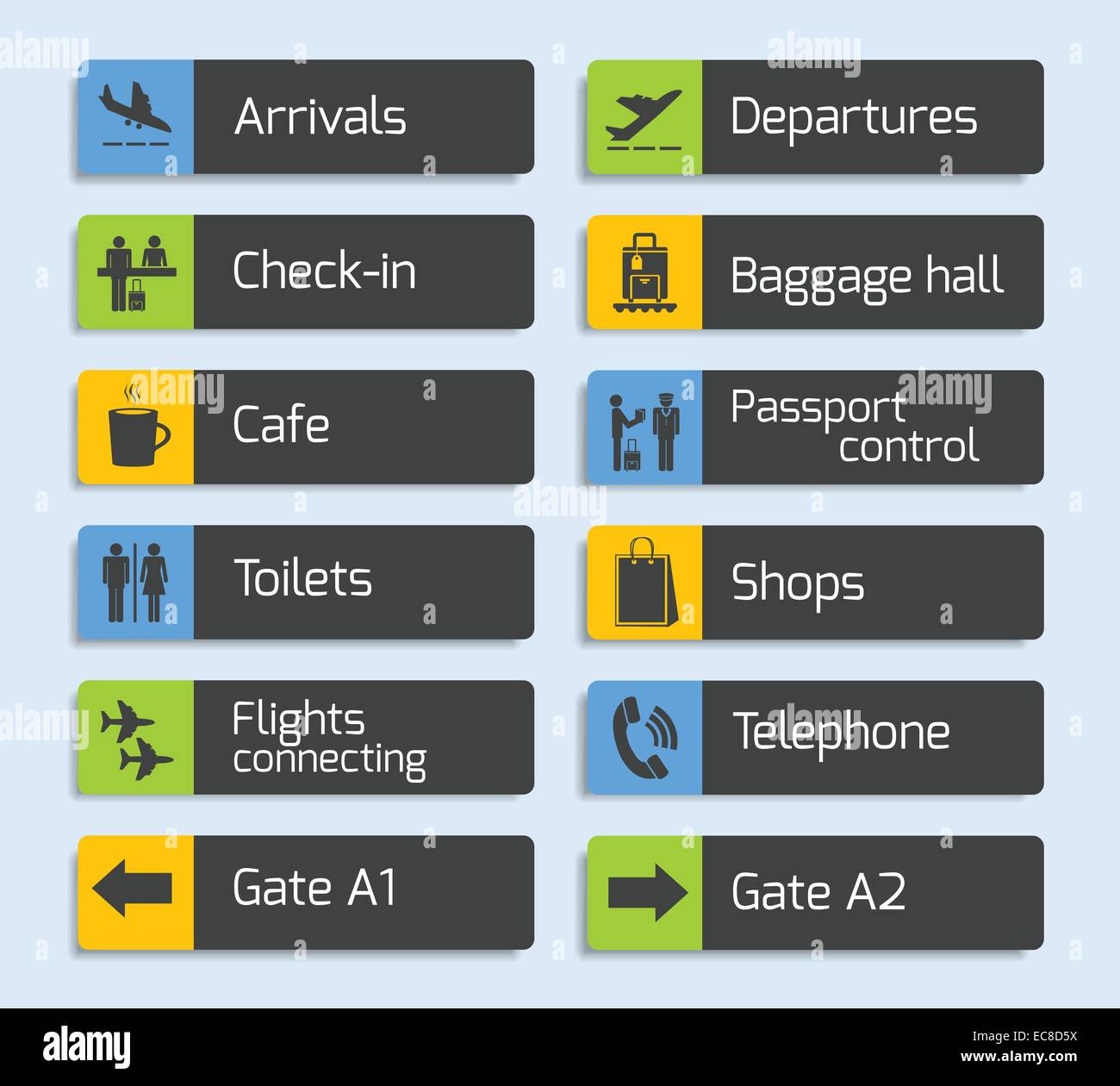 Navigation de l'aéroport avec panneau de conception avion arrivée départ passeport et assurance les icônes de commande illustra vectorielles Illustration de Vecteur