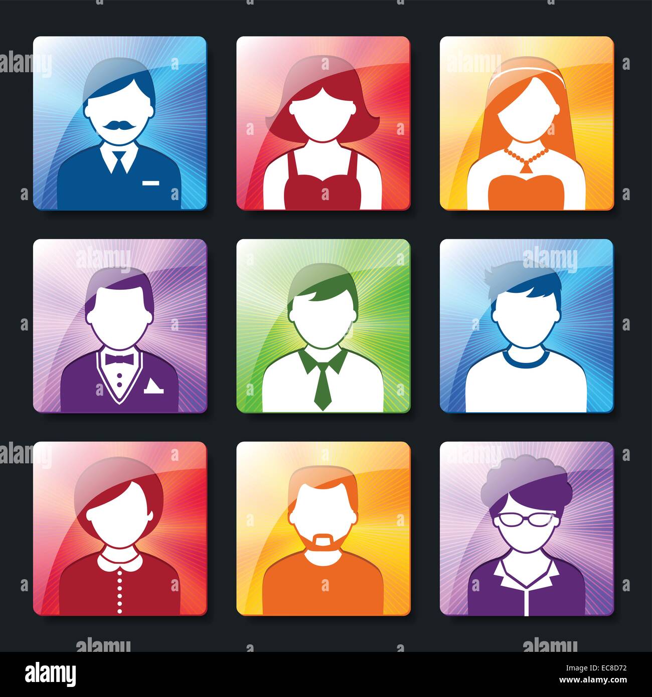 Les réseaux sociaux avatar pictogrammes des profils d'utilisateurs masculins et féminins sur fond rayonnant icônes vectorielles collection illu Illustration de Vecteur