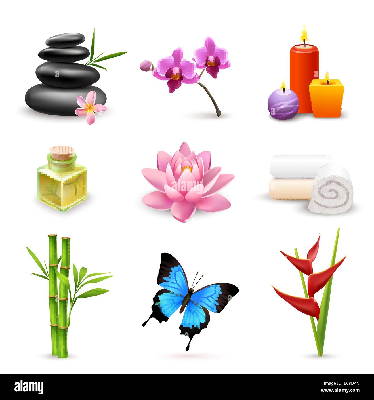 3D réalistes de soins de santé beauté spa icons set avec bougies lotus bambou vector illustration isolé Illustration de Vecteur