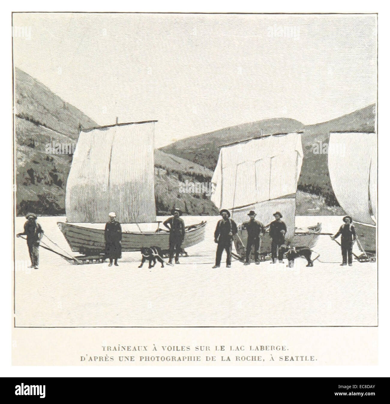 Cette image de BOILLOT(1899) p103 montre un voilier sur le lac Laberge, avec une photographie de la Roche de Seattle. L'illustration offre un aperçu historique de la vie maritime et de l'exploration au début du XXe siècle. Banque D'Images