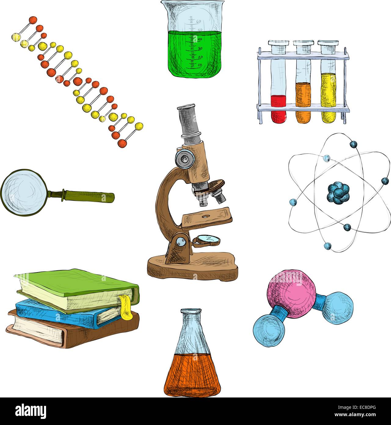 Éléments décoratifs Science icons set avec microscope fioles d'ADN isolé livres vector illustration Illustration de Vecteur