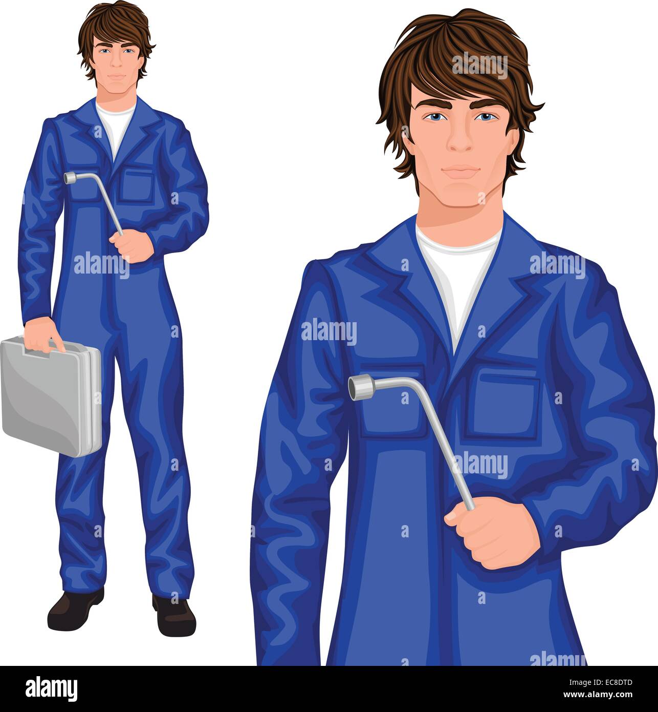 Bel homme jeune travailleur mécanicien en bleu permanent dans l'ensemble avec la clé et une trousse d'outils cas vector illustration Illustration de Vecteur