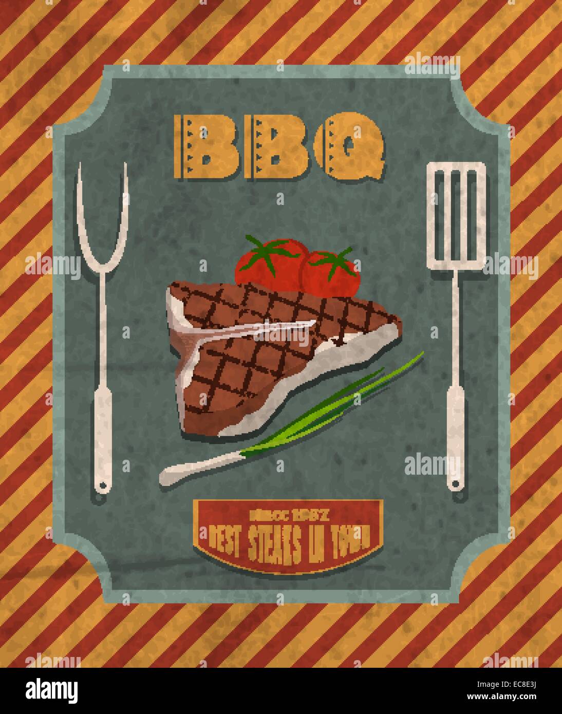 Retro Vintage Barbecue grill restaurant poster avec de la viande de boeuf et tomate ciboulette vector illustration Illustration de Vecteur