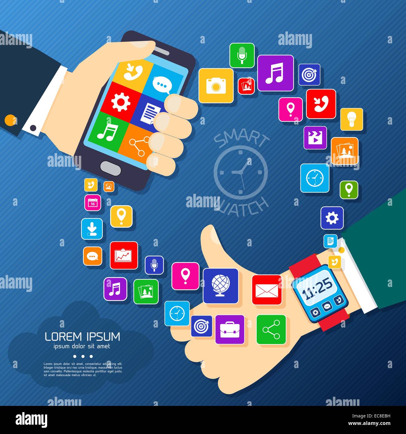 Smartphone Smart watch concept synchro avec coup de main et les applications de téléphonie mobile icons vector illustration Illustration de Vecteur