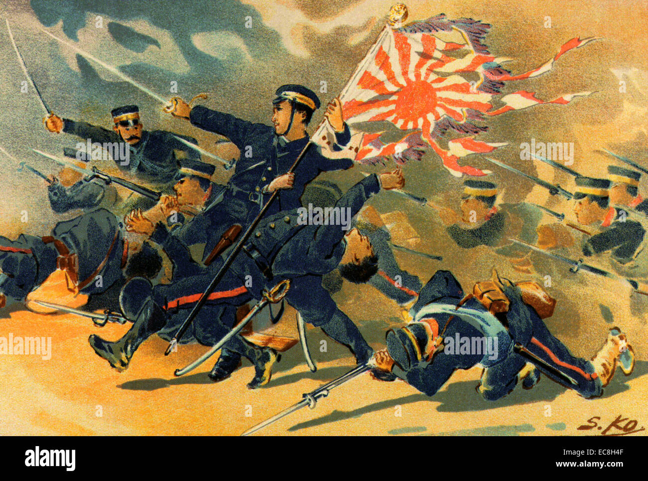 1904-1905 La guerre russo-japonaise. Un Japonais d'impression a des troupes de la 1re Division de l'Armée impériale japonaise à la bataille de Shenzhen en mai 1904 Banque D'Images