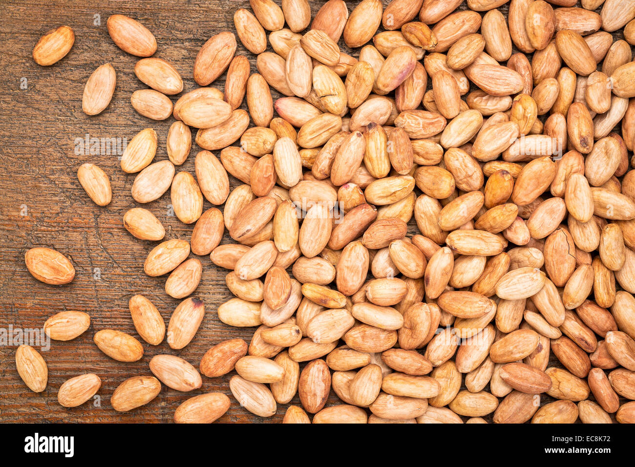 Les fèves de cacao biologiques crus sur un fond de bois patiné Banque D'Images