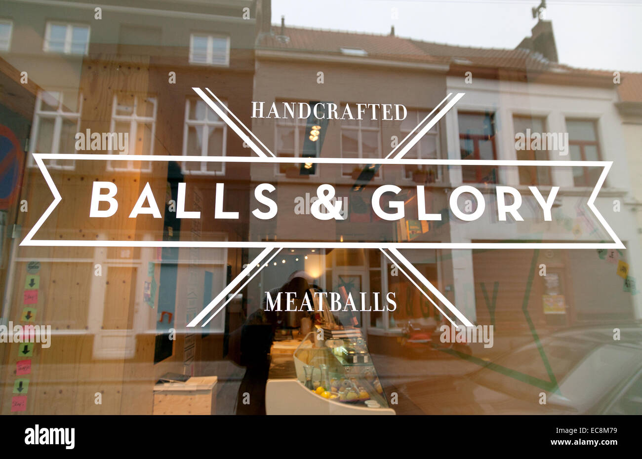 Boules & Gloire meatball shop, Bruges, Belgique l'Europe Banque D'Images