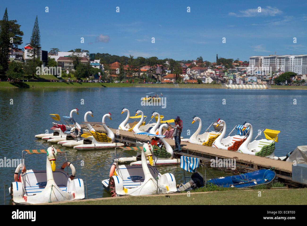 Pédalos en forme de cygne sur le lac Xuan Huong à Da Lat, Vietnam. Banque D'Images