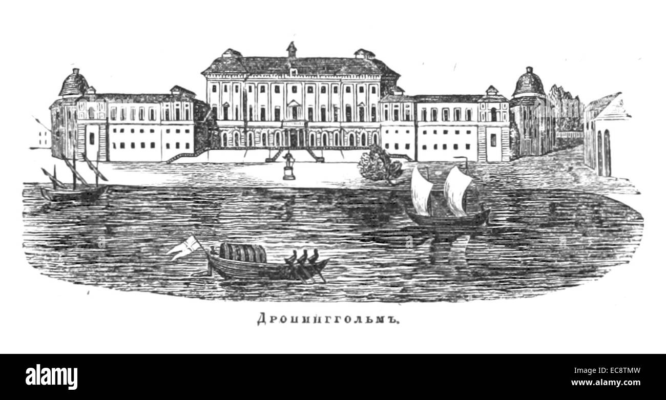 Cette illustration de Bulgarin de 1839 représente le palais de Drottningholm, site classé au patrimoine mondial de l'UNESCO en Suède. Le dessin capture la conception architecturale et le paysage environnant de la résidence royale. Banque D'Images