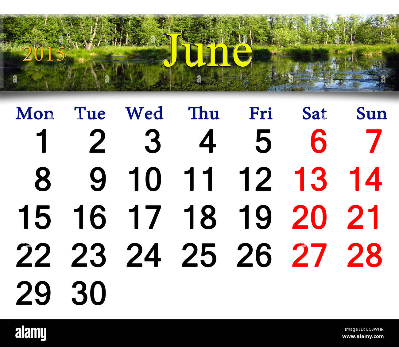 Calendrier pour le mois de juin de l'année 2015 sur l'arrière-plan de lake forest Banque D'Images