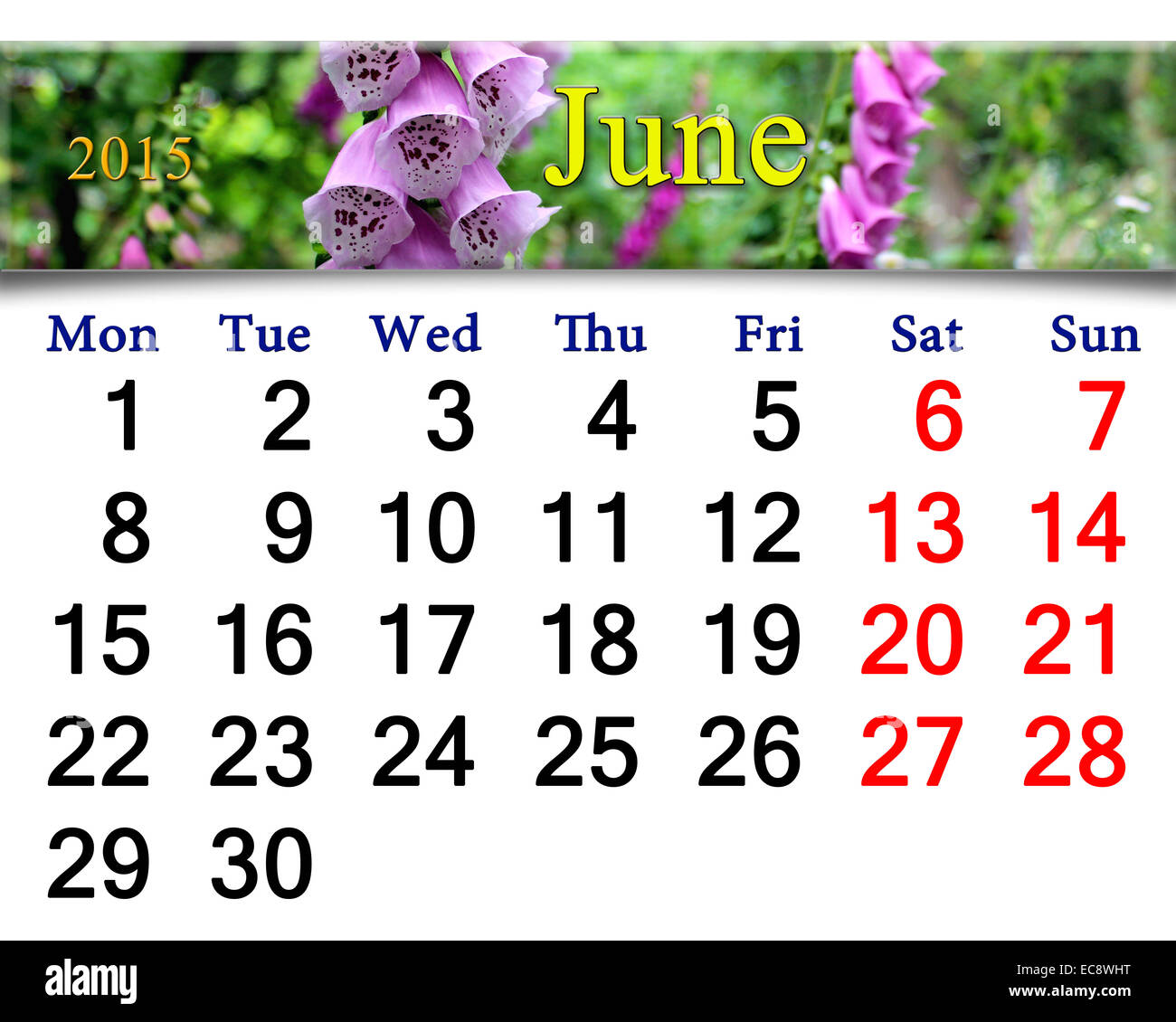 Calendrier pour le mois de juin 2015 avec des fleurs de fleurs de lilas bluebells Banque D'Images