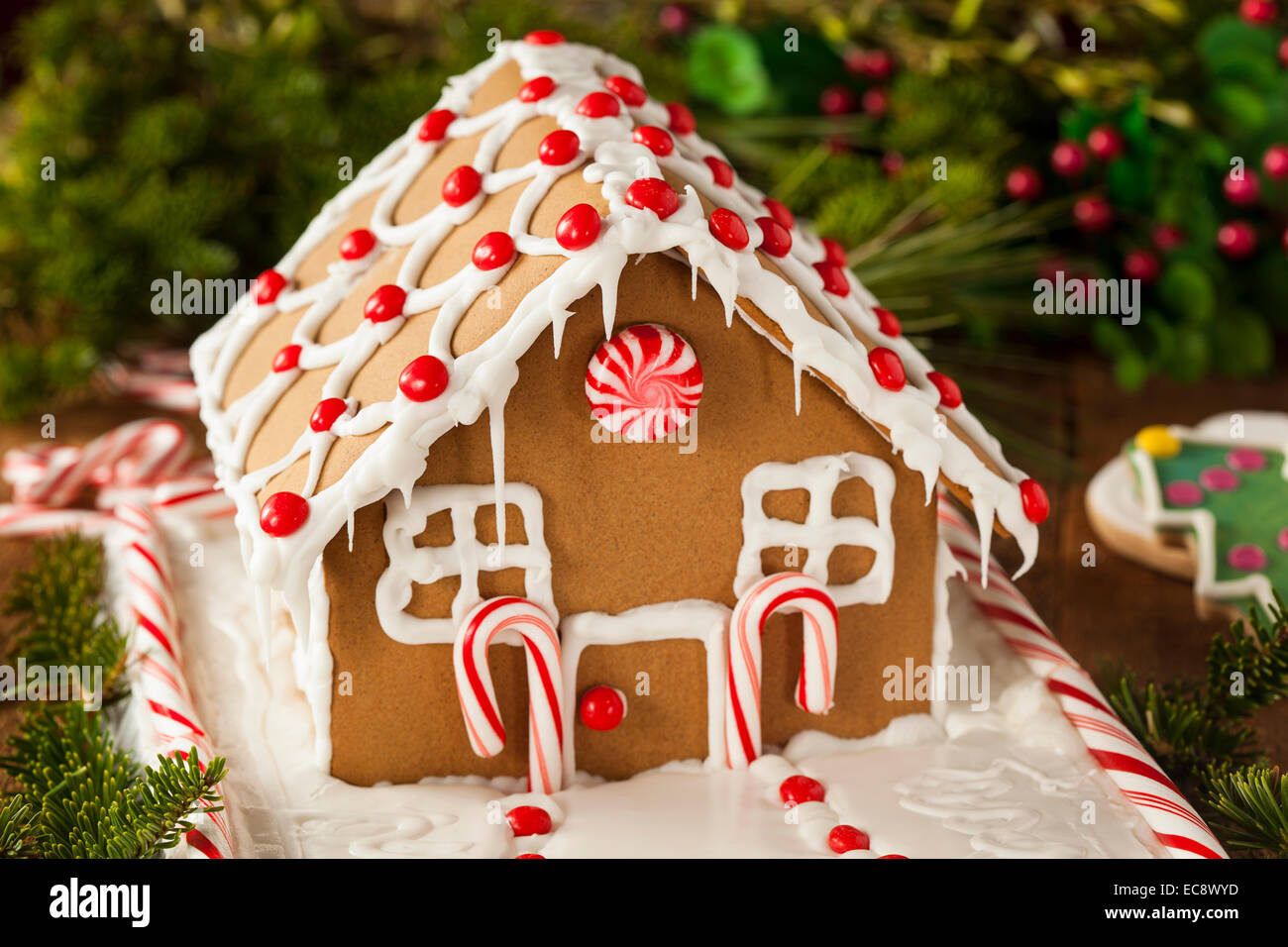 Les Bonbons faits maison Gingerbread House avec glaçage et Candycanes Banque D'Images