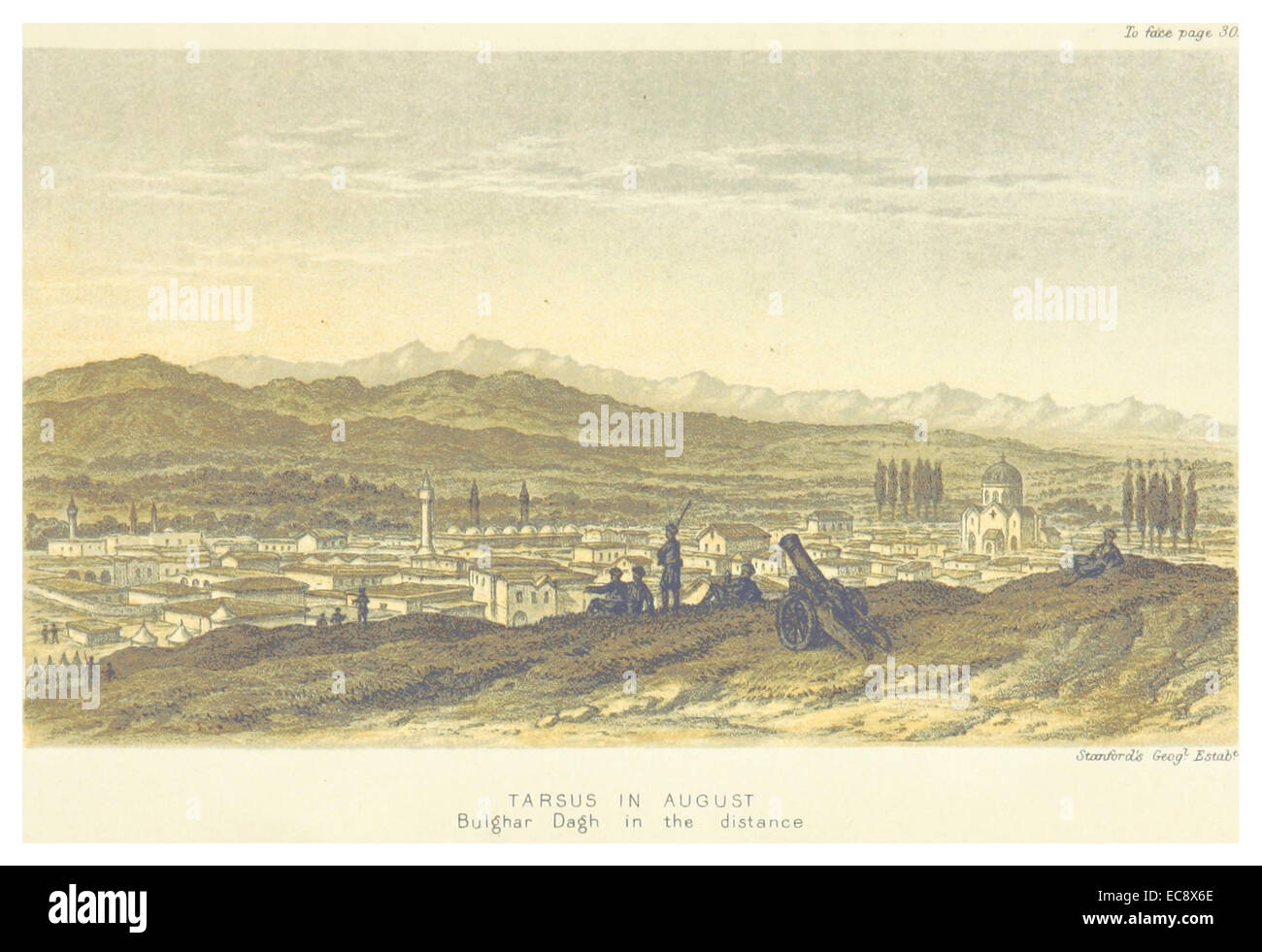Ce dessin de 1879 de Davis montre Tarse en août, avec les montagnes Bulghar Dagh au loin. L'œuvre capture le paysage méditerranéen et l'importance historique de cette ville antique dans la Turquie moderne. Banque D'Images