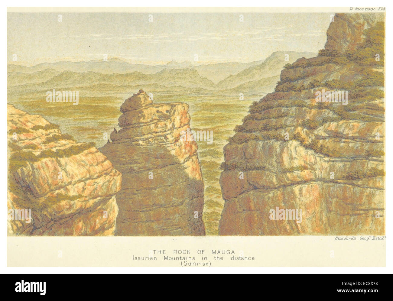 L’illustration de Davis en 1879 représente le Rocher de Mauga, avec les montagnes Isauran en arrière-plan, soulignant la beauté naturelle et la topographie de la région. Banque D'Images
