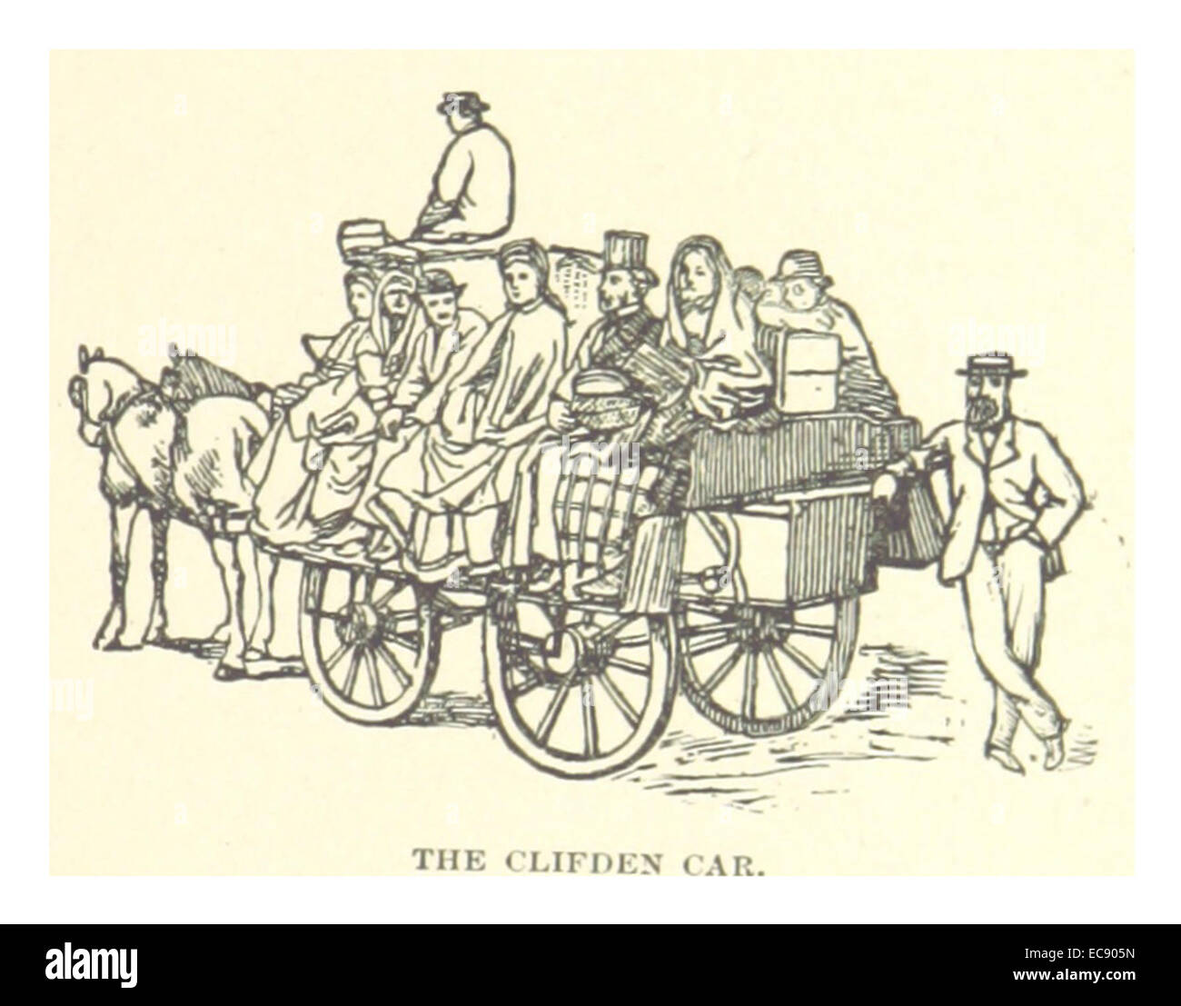 Un dessin et une carte de 1891 de la voiture Clifden, montrant la conception du véhicule et son importance historique à la fin du XIXe siècle. Banque D'Images