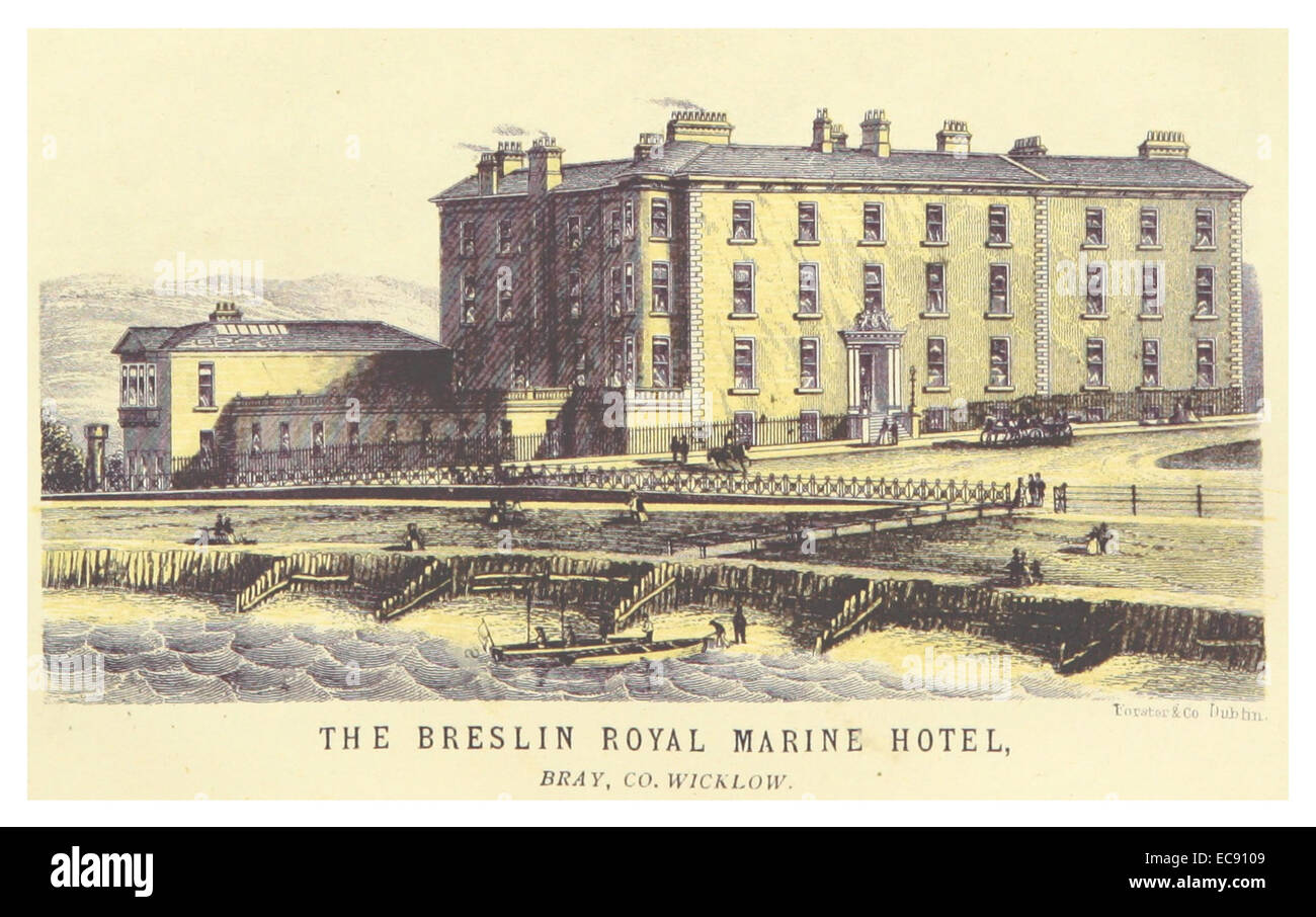 Cette illustration de 1871 de Godkin & Walker montre le Breslin Royal Marine Hotel à Bray, dans le comté de Wicklow, en Irlande, capturant son élégance architecturale et sa popularité en tant que station balnéaire au XIXe siècle. Banque D'Images
