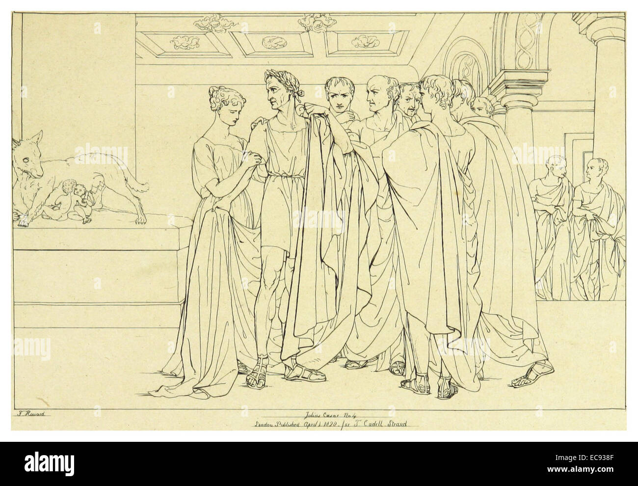 Une illustration de l'œuvre de Howard de 1828-33 sur Jules César de Shakespeare, mettant en scène une scène clé de la pièce, reflétant la tension dramatique de l'histoire romaine et l'intrigue politique. Banque D'Images