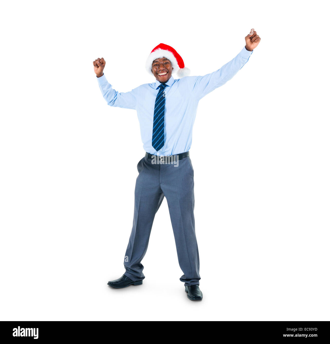 Un Joyeux African Businessman in a Santa Hat célébrant Banque D'Images