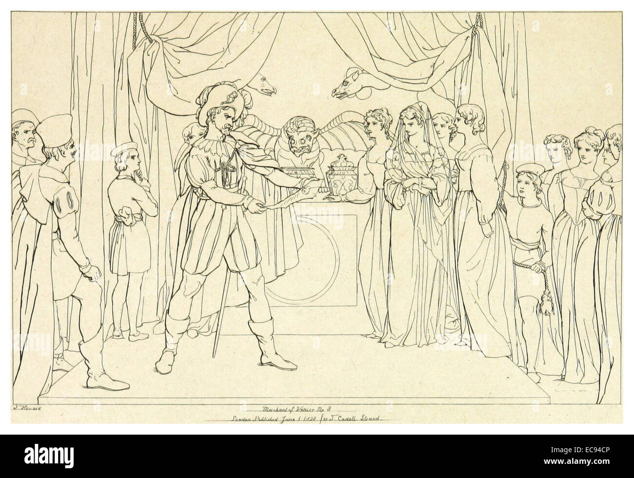 Une illustration de 1828-33 de William Shakespeare 'The Merchant of Venice', spécifiquement du volume 2, page 47. L'image présente une scène de la pièce classique, reflétant ses thèmes de justice, de miséricorde et la dynamique de la société vénitienne pendant la Renaissance. Banque D'Images