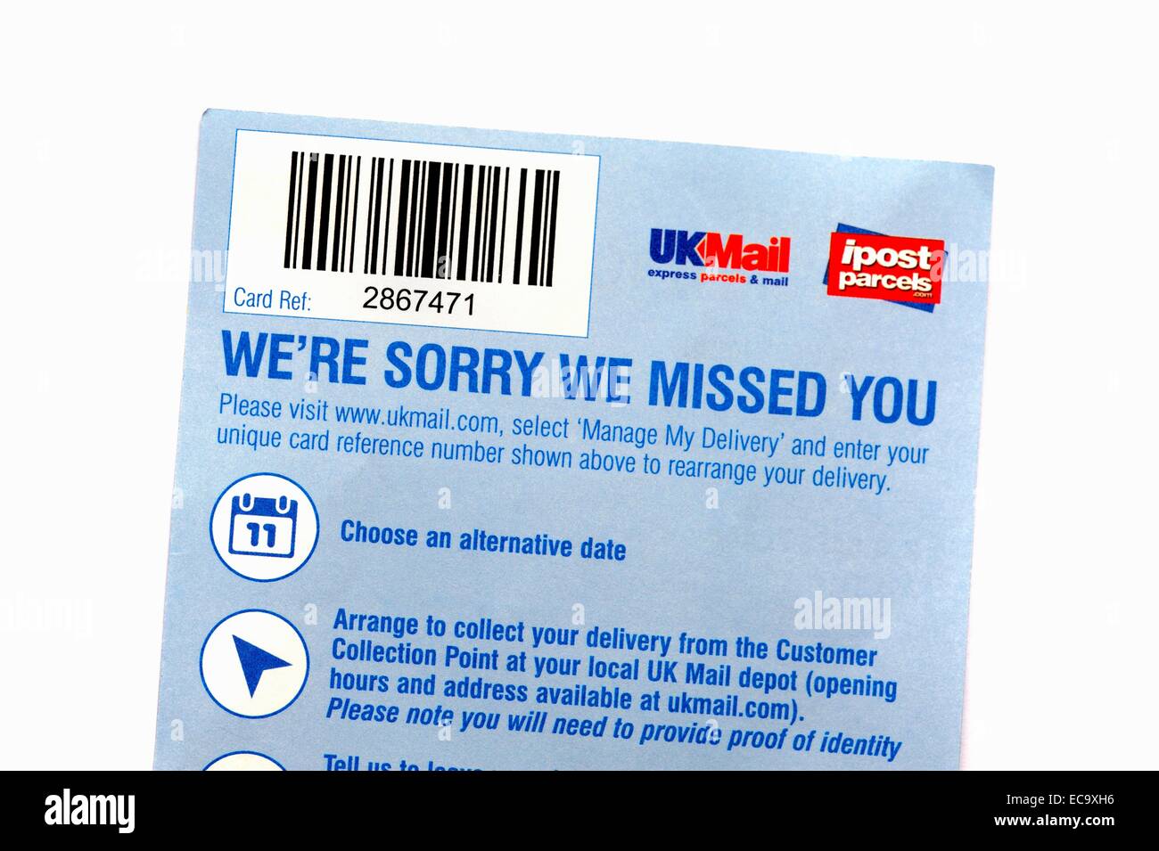 Une carte postale Royaume-uni fournissant l'information sur une livraison manquée England UK Banque D'Images