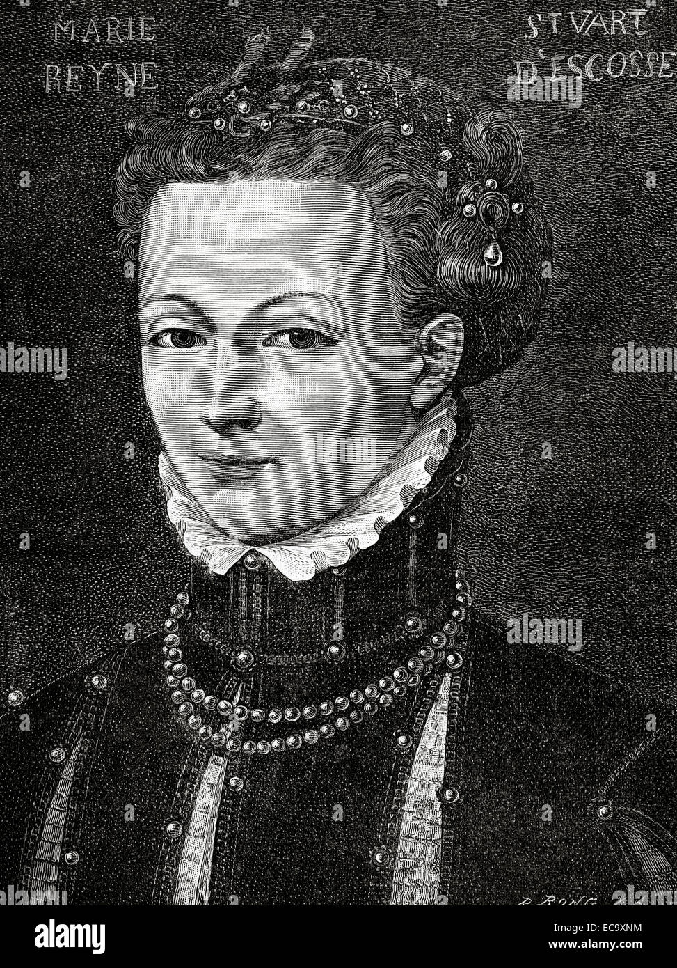 Marie, Reine d'Écosse (1542-1587). Reine d'Écosse et Reine consort de France. Gravure de R. Bong. Historia Universal, 1885. Portrait original par F. Clouet (16c). Banque D'Images