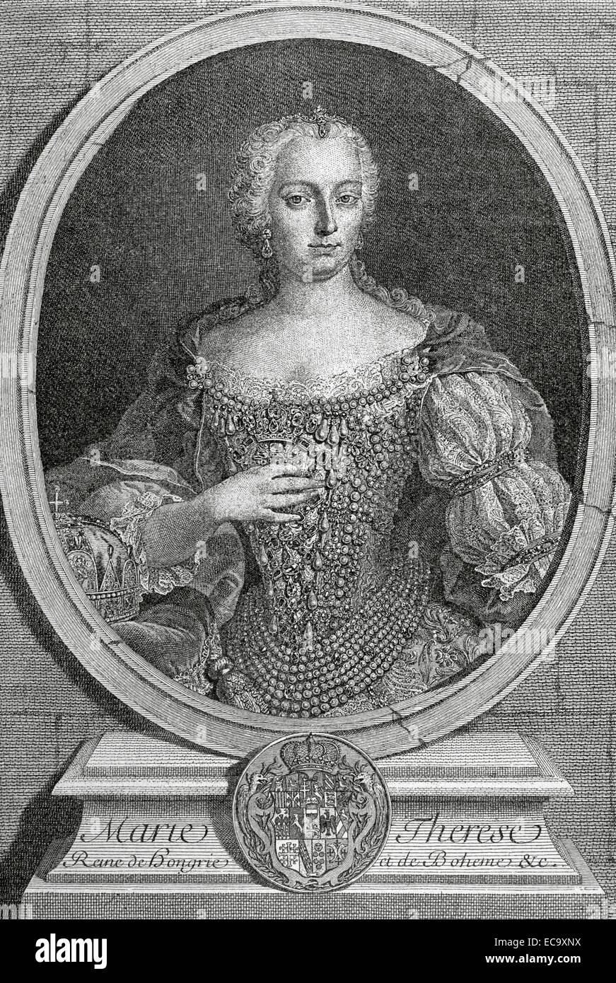 Marie-thérèse (1717-1780), Archiduchesse d'Autriche, reine de Hongrie et de Bohème. Portrait. Gravure par de Petit, 1743. La Historia Universal, 1885. Banque D'Images