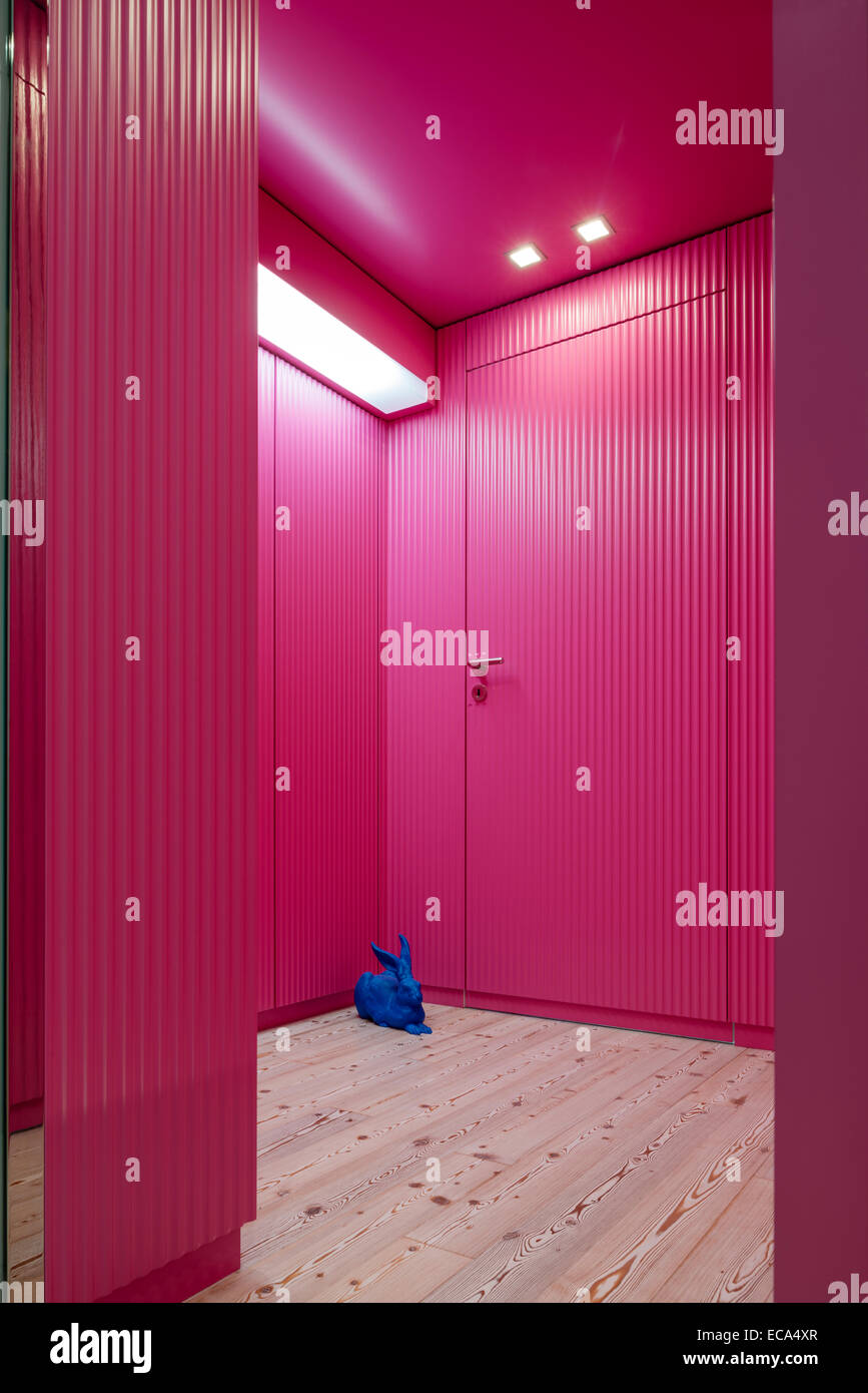 Le carton ondulé, de bois de rose dans le couloir avec parquet en pin et Ottmar Hörl sculpture lièvre bleu Banque D'Images