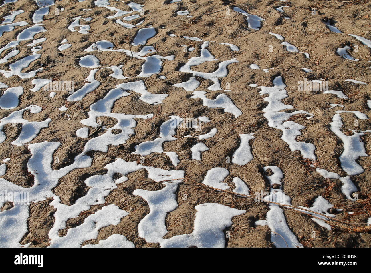 Les terres gelées, marron avec de profonds trous d'un blanc de neige bel ornement formé vers le bas Banque D'Images