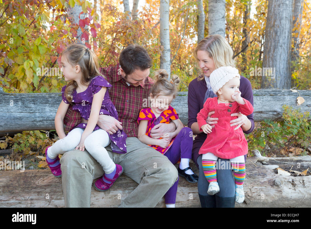 Un ctute famille de cinq personnes au cours d'une séance photo de famille dans la région de Kalispell, Montana. Banque D'Images