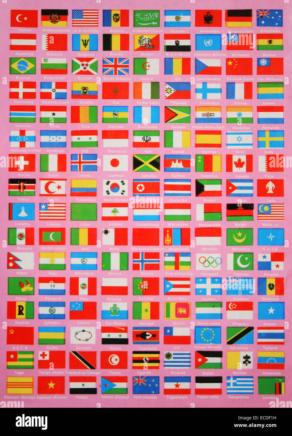 Drapeaux du monde,les noms sont en langue turque Banque D'Images