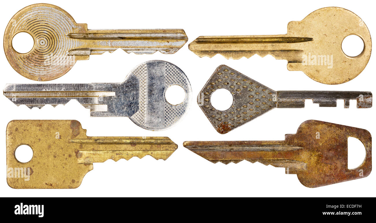 Ensemble de grande taille des anciennes clés isolé sur fond blanc Banque D'Images