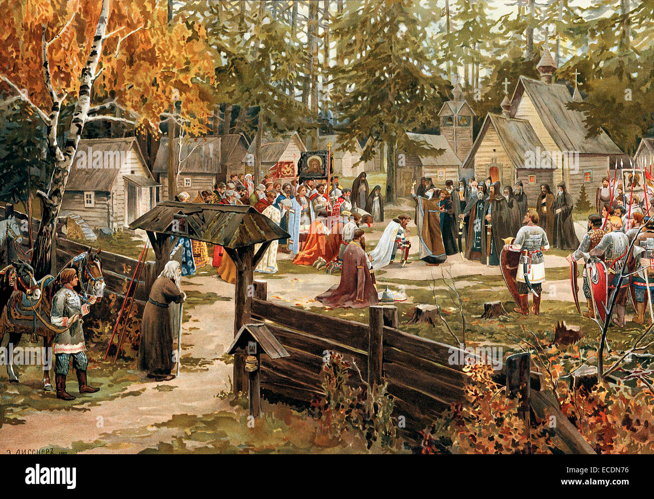 Sergius de Radonezh Dmitry Donskoy bénédiction dans la laure de la Trinité-Saint-Serge, avant la bataille de Koulikovo, représenté dans un tableau peint par Ernst Lissner 1906 Banque D'Images