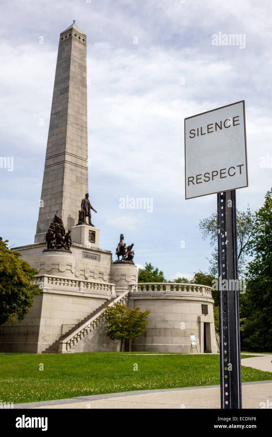 Springfield Illinois, cimetière Oak Ridge, site historique d'État Abraham Lincoln Tomb & War Memorials, mémorial, monument, panneau, silence, respect, IL140903018 Banque D'Images