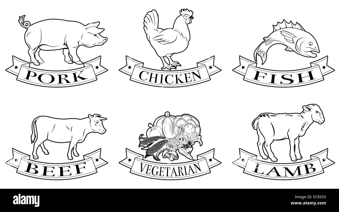 Un ensemble d'étiquettes de produits alimentaires, d'icônes ou illustrations menu de la viande de porc et agneau poisson poulet végétariens Banque D'Images
