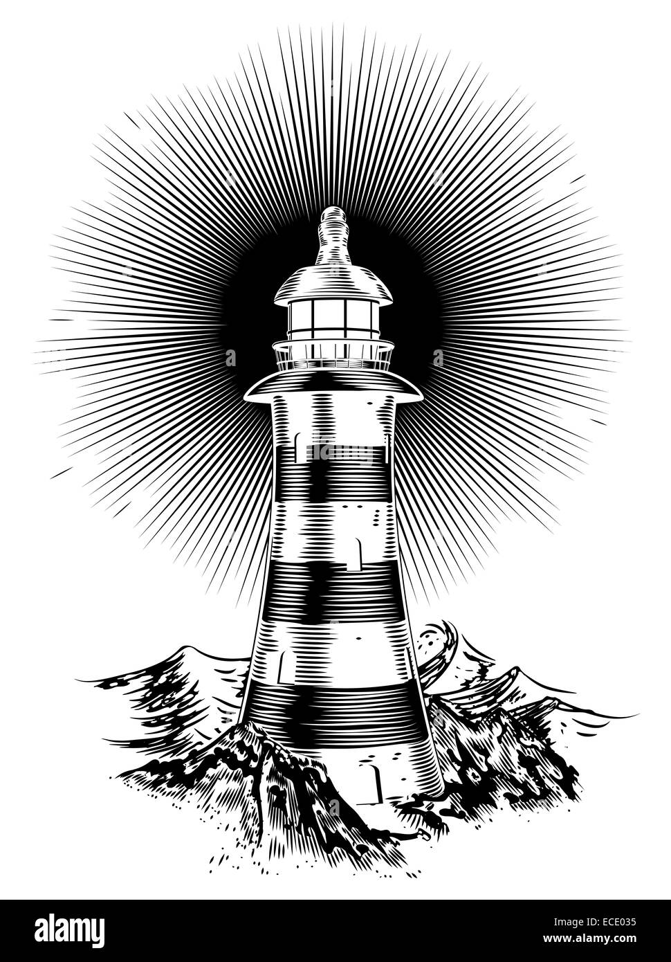 Light House dans un style rétro à la main avec une mer en arrière-plan Banque D'Images