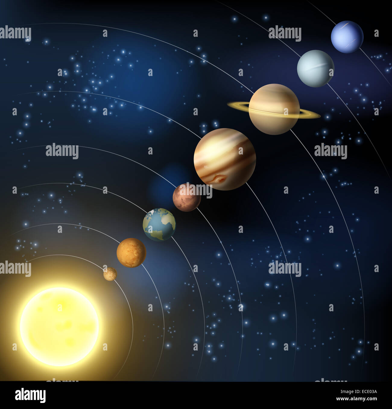 Une illustration des planètes de notre système solaire en orbite aorund le soleil. Banque D'Images