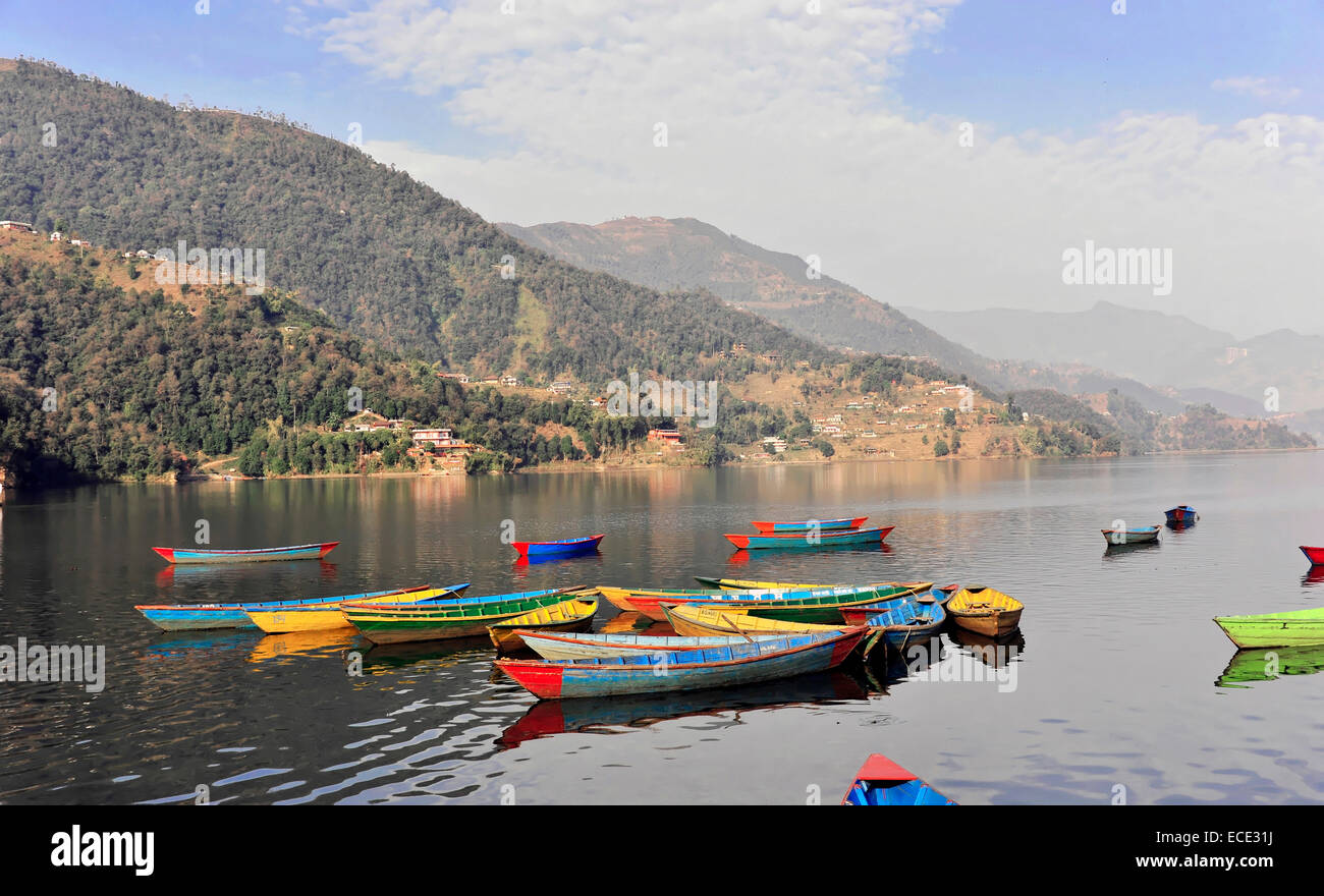 Barques sur le Lac Phewa, Pokhara, Népal Banque D'Images