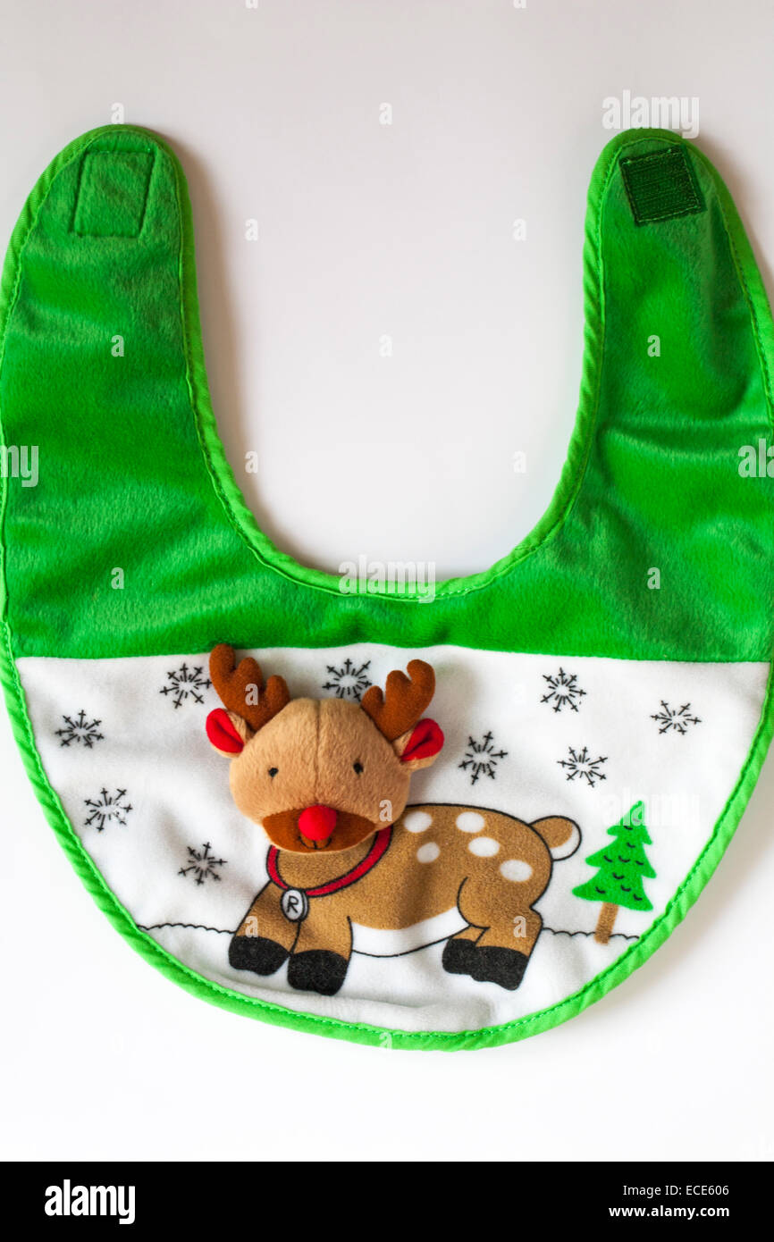 Bébé bavoir de Noël avec Rudolph the Red Nosed Reindeer situé sur fond blanc Banque D'Images