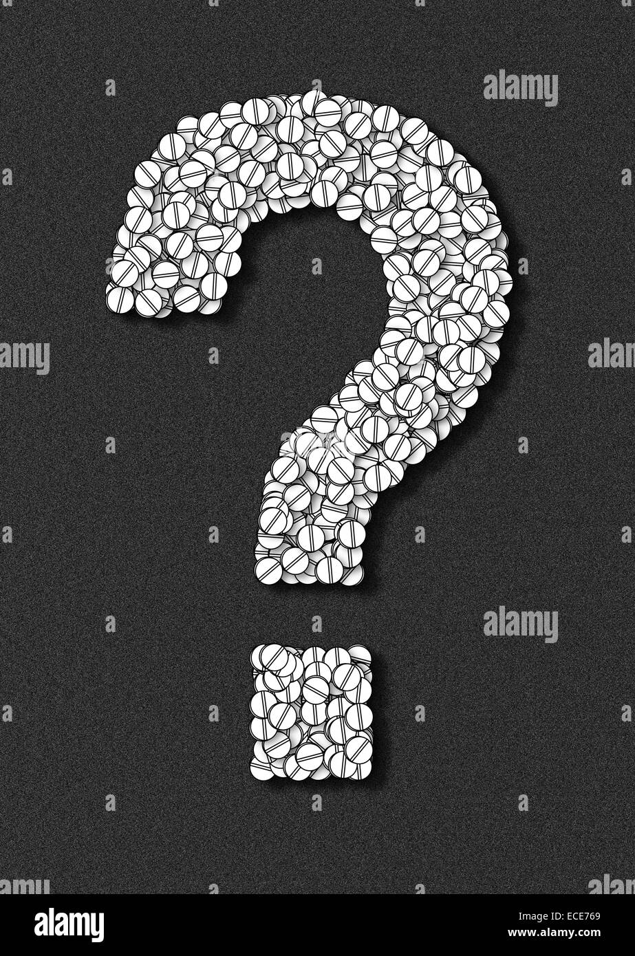 Point d'interrogation fait de pilules illustration – concept de médecine, de soins de santé et d'incertitude Banque D'Images
