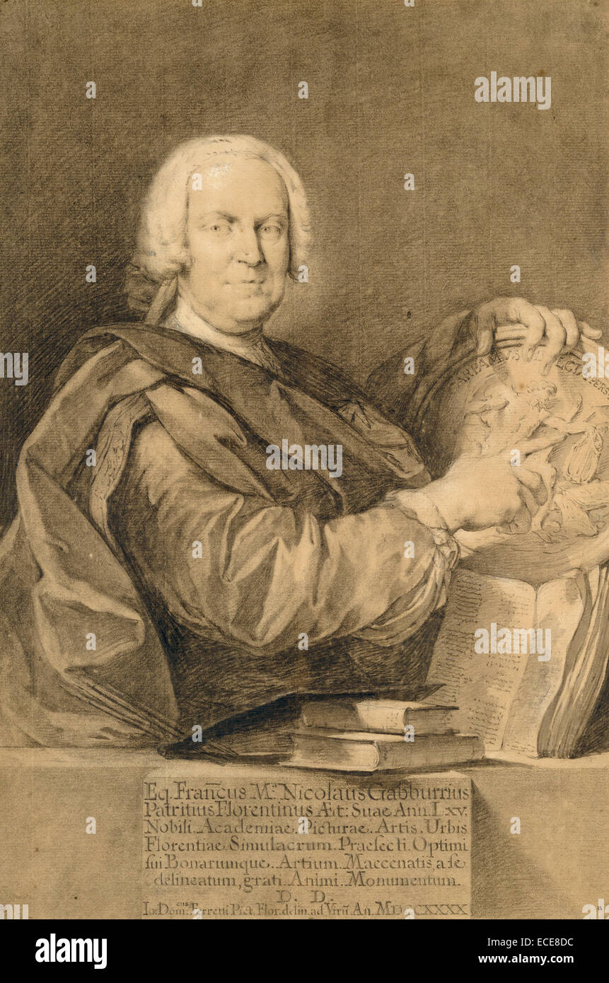 Portrait de Cavaliere Francesco Maria Niccolò Gabburri ; Domenico Ferretti, Italien, 1692 - à propos de 1769 ; 1740 ; craie noire, avec dessouchage et la brosse de lavage et gris, avec une carrosserie blanc, brun clair sur papier ; 37 x 23,3 cm (14 9/16 x 9 3/16 in.) Banque D'Images