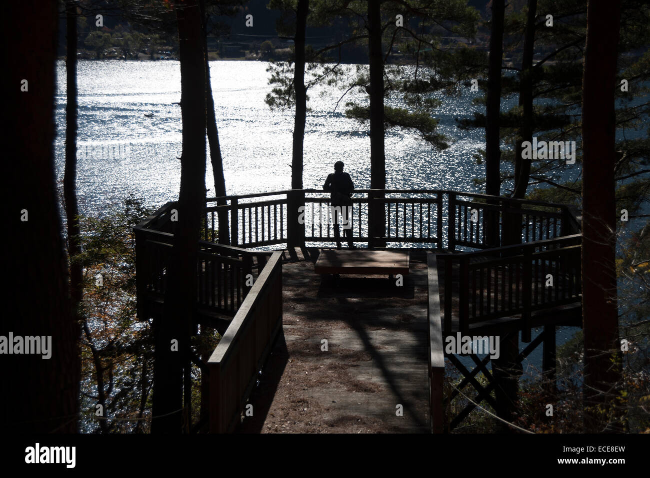 Silhouette de jeune homme à la recherche sur le lac Kawaguchi, le Japon. Banque D'Images