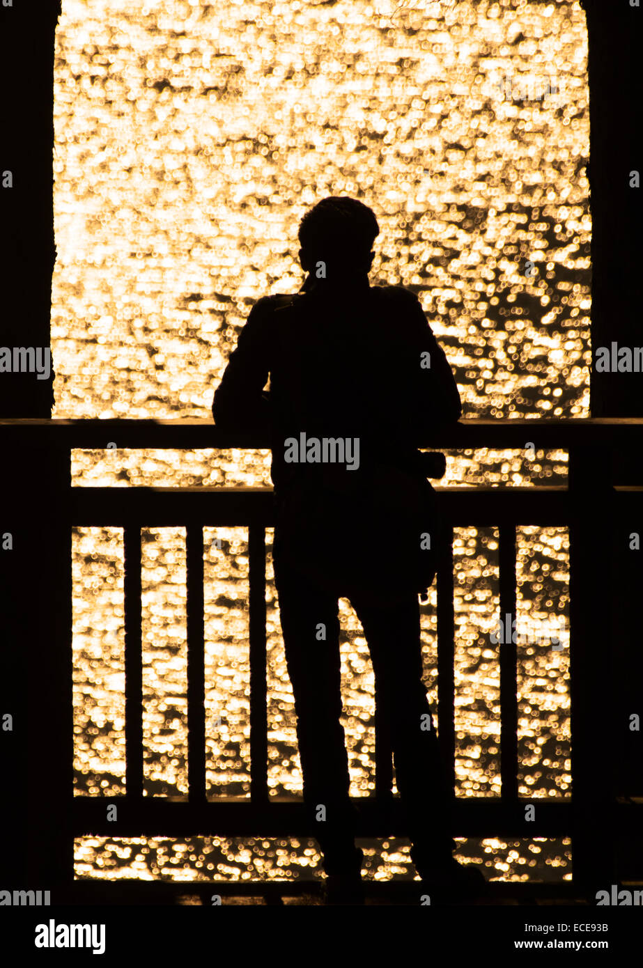 Silhouette de jeune homme à la recherche sur le lac Kawaguchi, le Japon. Banque D'Images