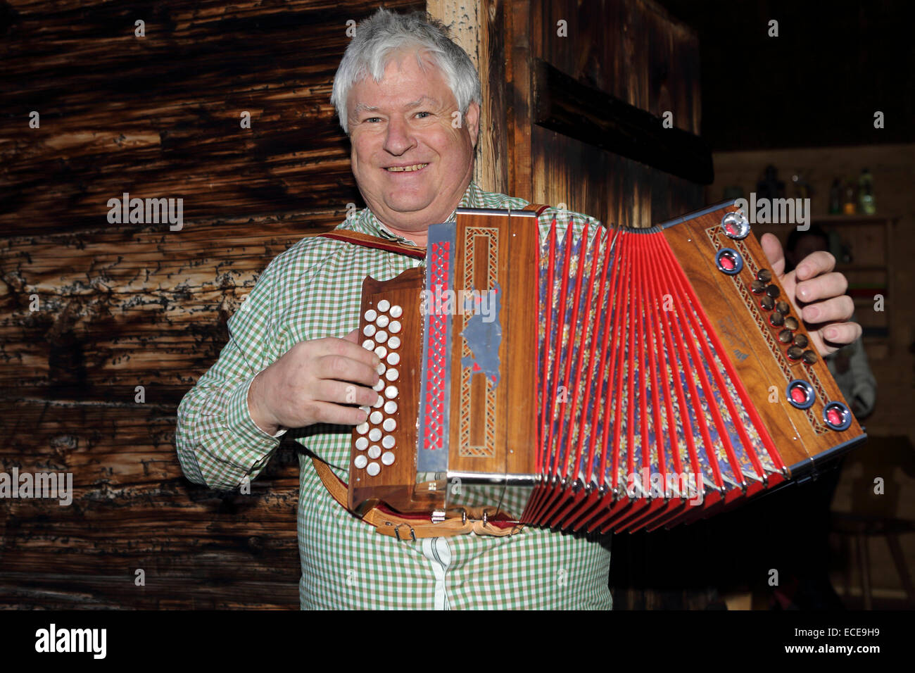 Clemens Walch joue l'accordéon à sa cabane en bois au-dessus de Lech, Autriche. L'accordéon est utilisé traditionnellement en Alpine Music. Banque D'Images