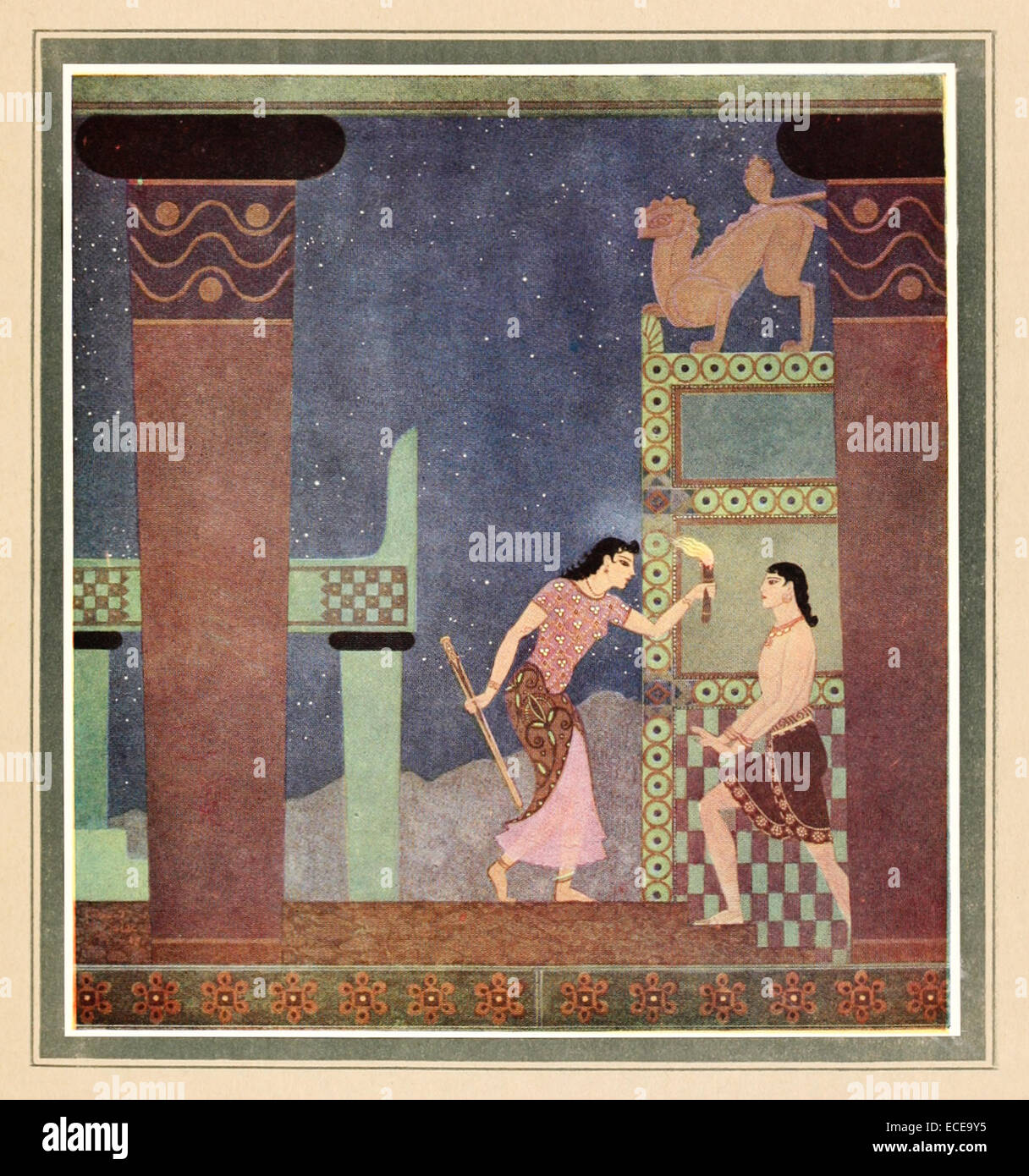 Ariadne aide Thésée lui donnant un indice et son épée - Edmund Dulac illustration de 'Tanglewood Tales'. Voir la description pour plus d'informations. Banque D'Images