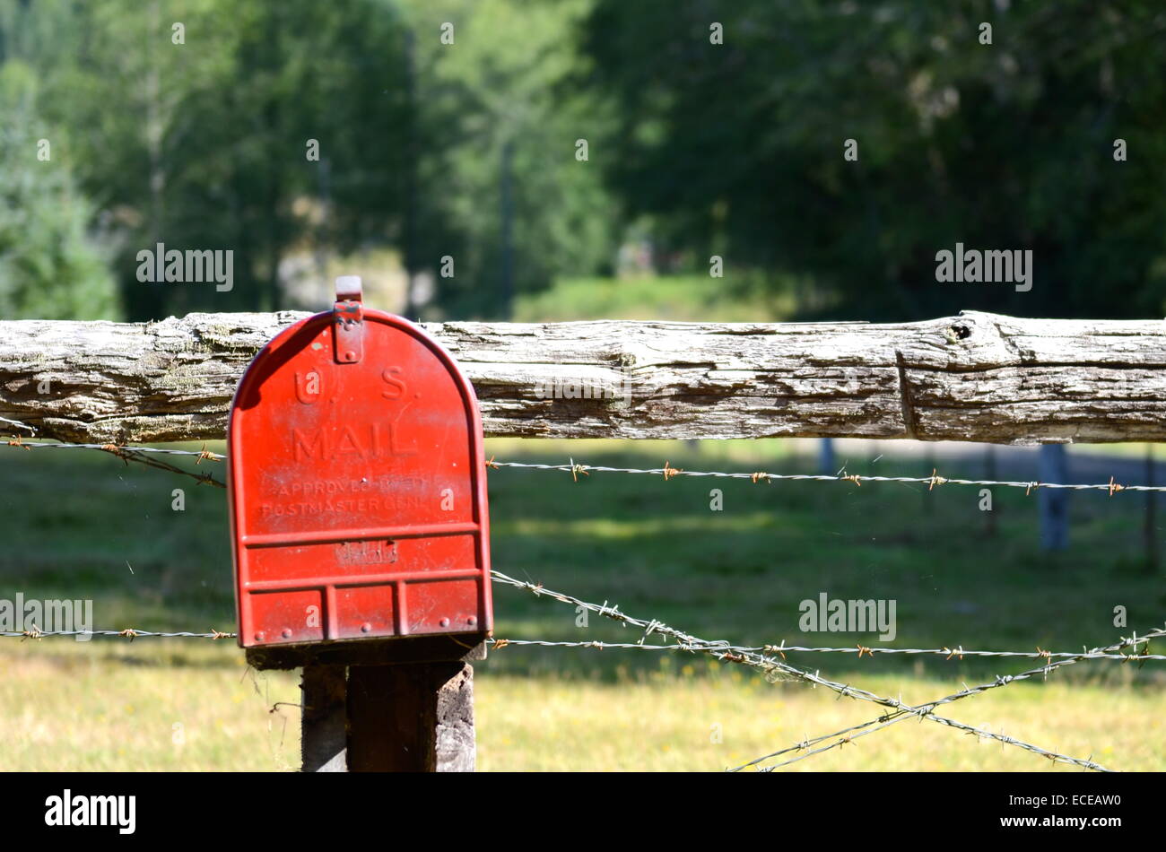 USA, boîte aux lettres rouge sur fencepost Banque D'Images