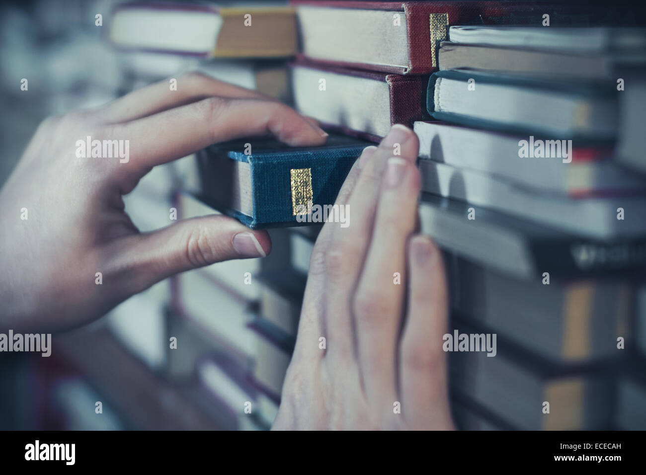 Woman taking a book from shelf Banque D'Images Woman taking a book from shelf Banque D'Images