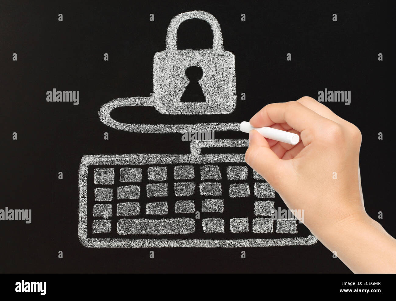 Dessin à la main avec de la craie, verrouillage clavier connecté à un concept de sécurité Banque D'Images