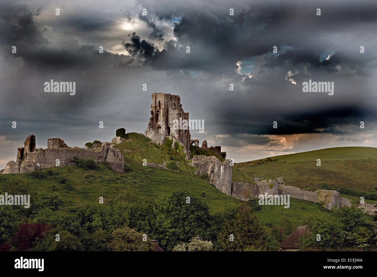 Les ruines de château de Corfe, (National Trust), l'île de Purbeck, Dorset, England, UK. Banque D'Images